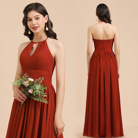 Elegant Halter Aline Chiffon Bridesmaid Dress Sleeveless Floor Length Wedding Party Dress