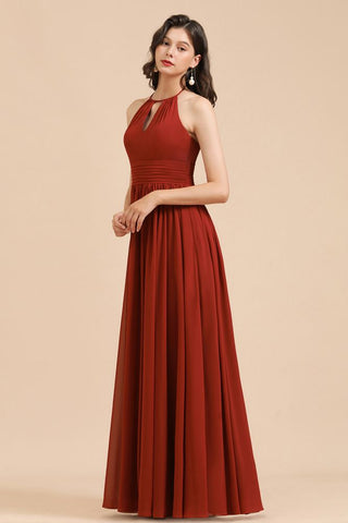 Elegant Halter Aline Chiffon Bridesmaid Dress Sleeveless Floor Length Wedding Party Dress
