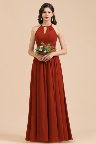 Elegant Halter Aline Chiffon Bridesmaid Dress Sleeveless Floor Length Wedding Party Dress