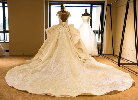 Elegant Illusion neck Cap Sleeve Appliques Tulle A-line Princess Wedding Dress