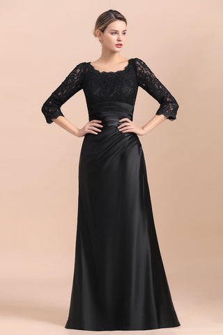 Elegant Jewel 3/4 Sleeves Black Satin Lace Ruffles Mother of Bride Dress On Sale
