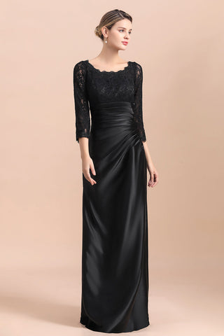 Elegant Jewel 3/4 Sleeves Black Satin Lace Ruffles Mother of Bride Dress On Sale