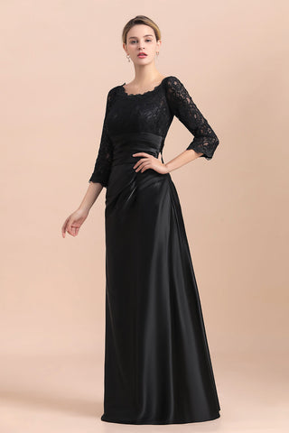 Elegant Jewel 3/4 Sleeves Black Satin Lace Ruffles Mother of Bride Dress On Sale
