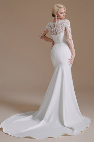 Elegant Jewel Long-Sleeve Mermaid Floor-Length Satin Wedding Dresses with Pattern