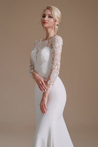 Elegant Jewel Long-Sleeve Mermaid Floor-Length Satin Wedding Dresses with Pattern