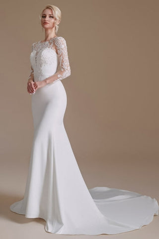 Elegant Jewel Long-Sleeve Mermaid Floor-Length Satin Wedding Dresses with Pattern