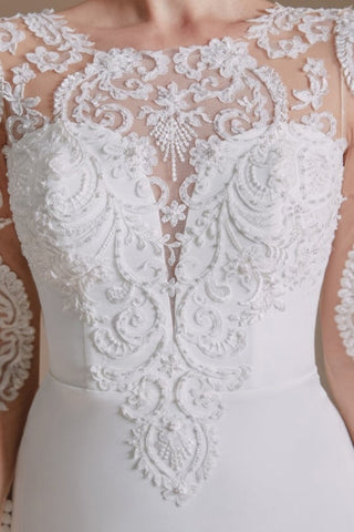 Elegant Jewel Long-Sleeve Mermaid Floor-Length Satin Wedding Dresses with Pattern