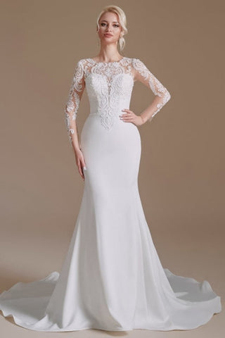 Elegant Jewel Long-Sleeve Mermaid Floor-Length Satin Wedding Dresses with Pattern
