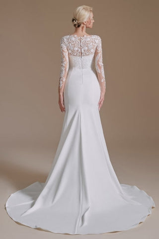 Elegant Jewel Long-Sleeve Mermaid Floor-Length Satin Wedding Dresses with Pattern