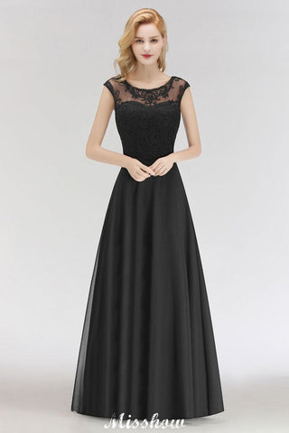 Elegant Jewel Sleeveless floor-Length A-line Lace Black Bridesmaid Dress