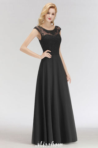 Elegant Jewel Sleeveless floor-Length A-line Lace Black Bridesmaid Dress