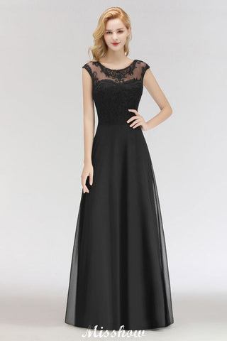 Elegant Jewel Sleeveless floor-Length A-line Lace Black Bridesmaid Dress