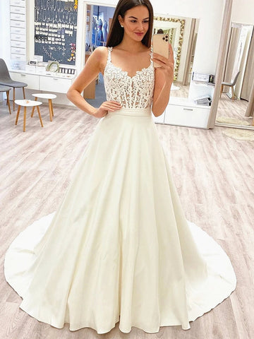 Elegant Long A-line Lace Satin Sleeveless Wedding Dresses