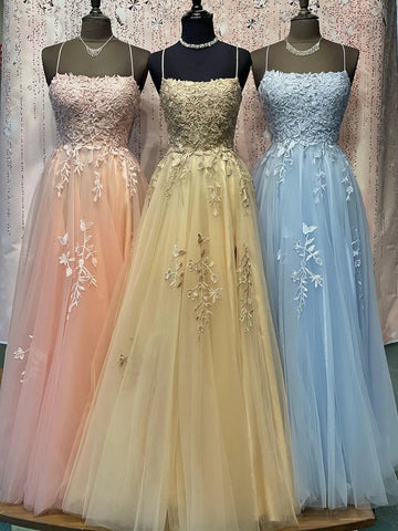 Elegant Long A-line Strapless Spaghetti Straps Beaded Lace Tulle Prom Dresses
