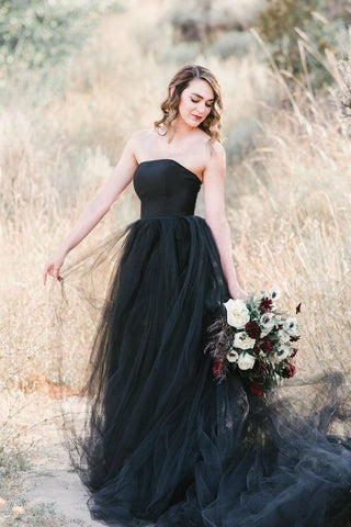 Elegant Long A-line Strapless Tulle Black Wedding Dress