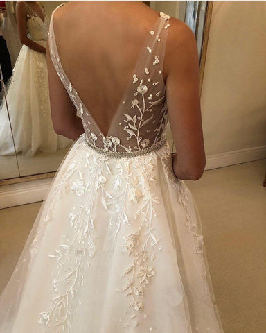 Elegant Long A-line Sweetheart Tulle Open Back Wedding Dress