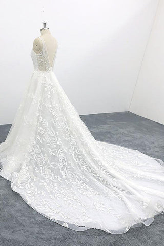 Elegant Long A-line V-neck Appliques Lace Tulle Backless Wedding Dress