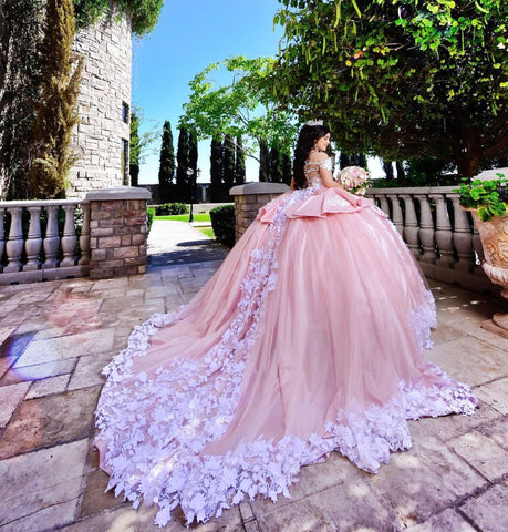 Elegant Long Ball Gown Off-the-shoulder Appliques Lace Tulle Quinceanera Dress