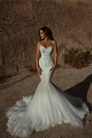 Elegant Long Meramid Sweetheart Backless Tulle Wedding Dress with Appliques Lace