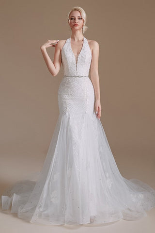 Elegant Long Mermaid Halter Tulle Floor-Length Wedding Dress with Appliques Lace