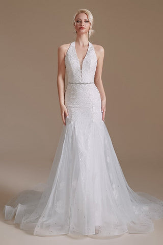 Elegant Long Mermaid Halter Tulle Floor-Length Wedding Dress with Appliques Lace