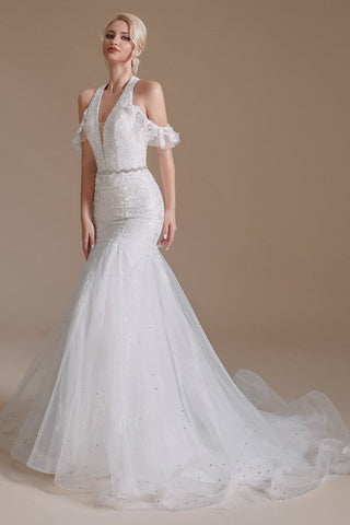 Elegant Long Mermaid Halter Tulle Floor-Length Wedding Dress with Appliques Lace