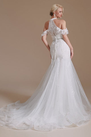 Elegant Long Mermaid Halter Tulle Floor-Length Wedding Dress with Appliques Lace