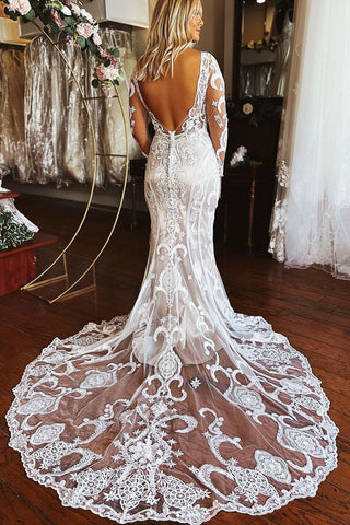 Elegant Long Mermaid Lace Long Sleeves Appliques Wedding Dress