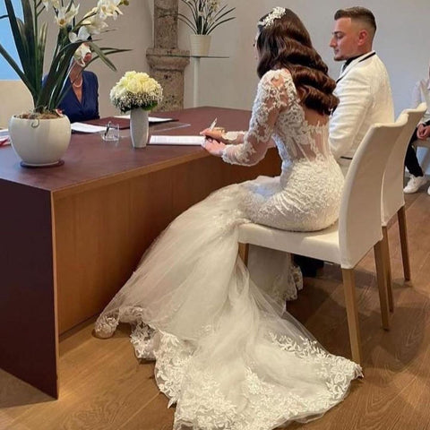 Elegant Long Mermaid Lace Open Back Wedding dresses with Sleeves