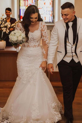 Elegant Long Mermaid Lace Open Back Wedding dresses with Sleeves