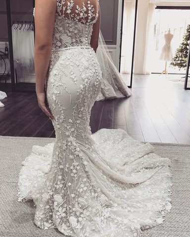 Elegant Long Mermaid Off-the-Shoulder Appliques Lace Backless Wedding Dress