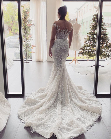 Elegant Long Mermaid Off-the-Shoulder Appliques Lace Backless Wedding Dress
