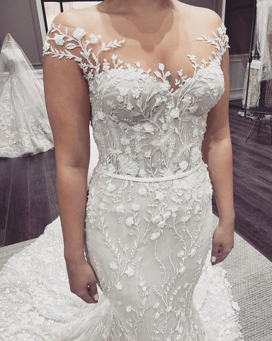 Elegant Long Mermaid Off-the-Shoulder Appliques Lace Backless Wedding Dress