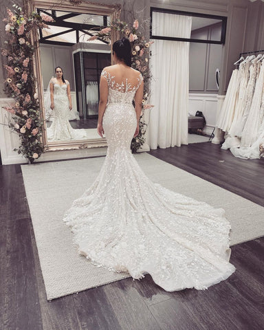 Elegant Long Mermaid Off-the-Shoulder Appliques Lace Backless Wedding Dress