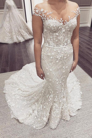 Elegant Long Mermaid Off-the-Shoulder Appliques Lace Backless Wedding Dress