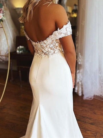 Elegant Long Mermaid Off the Shoulder Satin Lace Wedding Dresses