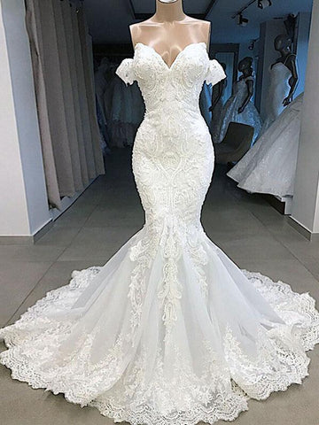 Elegant Long Mermaid Sweetheart Lace Wedding Dresses with Sleeves