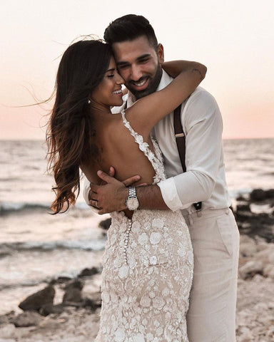 Elegant Long Mermaid V-neck Floral Lace Backless Wedding Dress