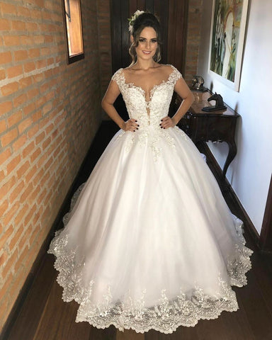 Elegant Long Princess Appliques Lace V-neck Wedding Dresses