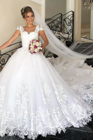 Elegant Long Princess Tulle Lace Wedding Dress with Cap Sleeves