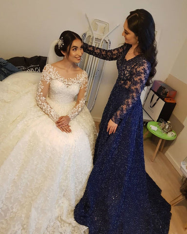 Elegant Long Princess Tulle Lace Wedding Dresses with Sleeves