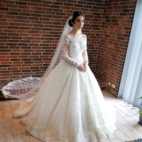 Elegant Long Princess Tulle Lace Wedding Dresses with Sleeves