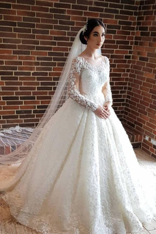 Elegant Long Princess Tulle Lace Wedding Dresses with Sleeves