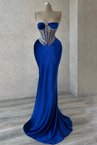 Elegante vestido de fiesta largo azul real, estilo sirena, con un solo hombro, lentejuelas, pedrería y encaje.