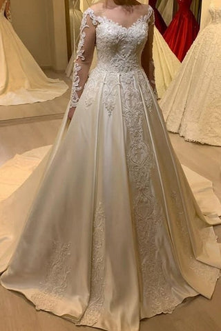 Elegant Long Sleeve A-Line Sweetheart Appliques Lace Pearl Satin Wedding Dress