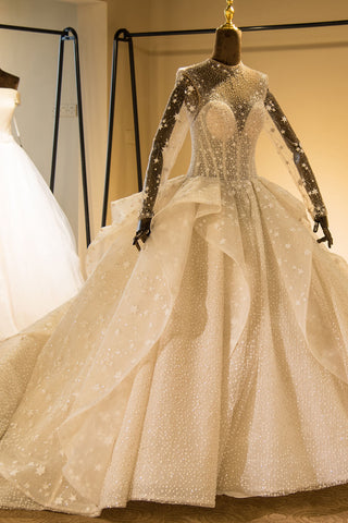 Elegant Long Sleeve Beading Lace-up Tulle Ball Gowns Sparkle Wedding Dress