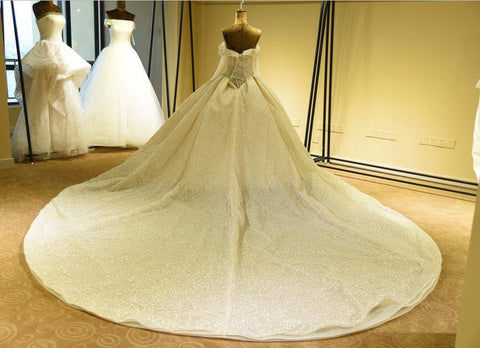 Elegant Long Sleeve Sweetheart Lace-up Ivory Tulle Ball Gown Wedding Dress