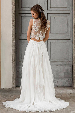 Elegant Long Two Piece A-line Lace Chiffon Wedding Dress