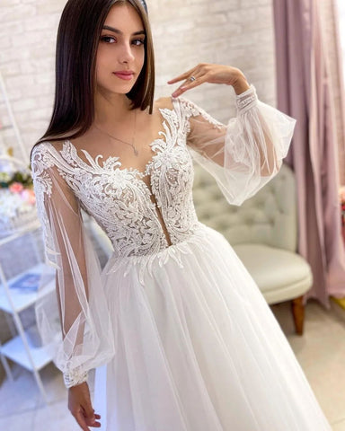 Elegant Long White A-line V-neck Tulle Long Sleeves Wedding Dress With Lace