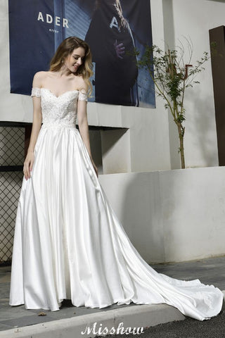 Elegant Off Shoulder Satin Floor Length Bridal Gown Sweetheart Floral Lace Aline Wedding Dress